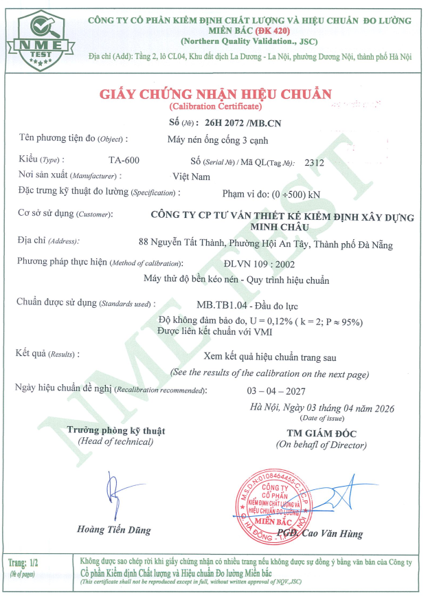 Thí nghiệm khả năng chịu tải cống bê tông ly tâm tại LAS-XD 46.002 Minh Châu